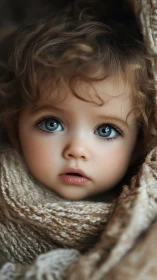 Child in Beige Wrap with Striking Blue Eyes.