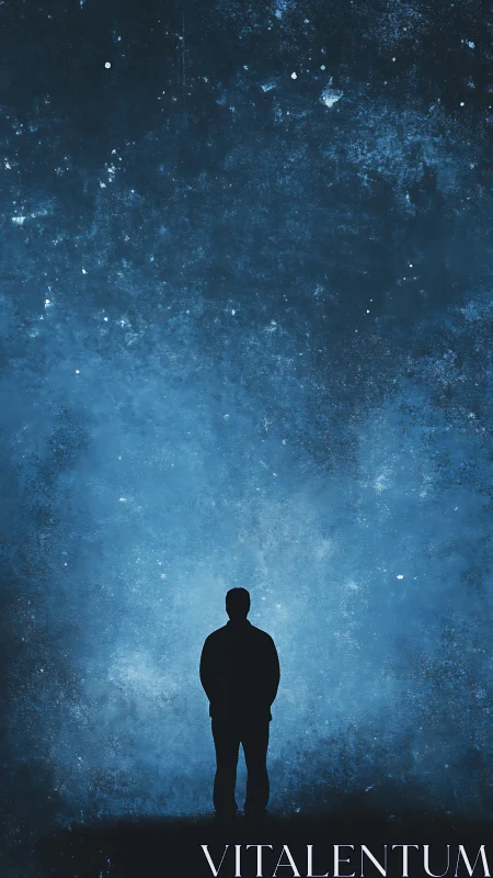 Silhouette observes deep blue cosmic dust field at night.