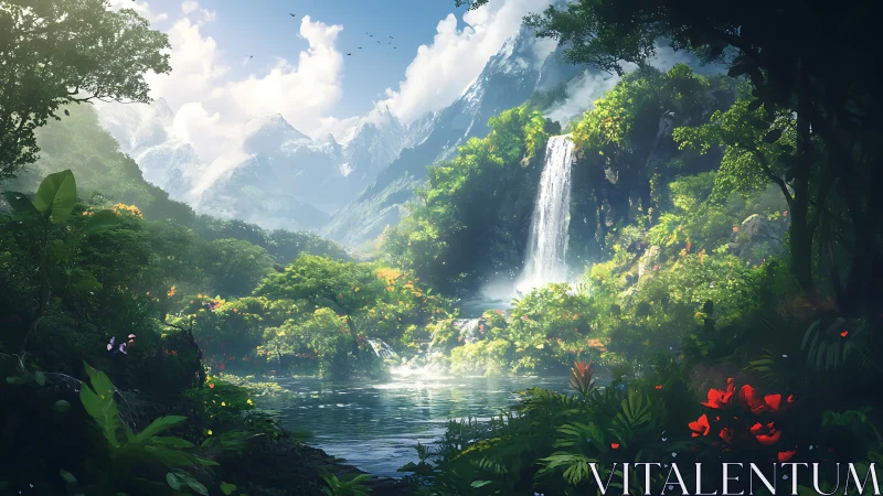 Misty mountain waterfall cradled in a lush secret valley.