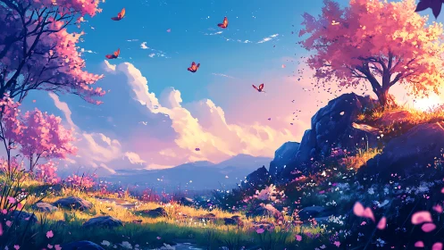 Landscape shows stylized spring meadow with distant clouds