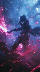 Dark swordsman unleashes neon energy in stormy ravine