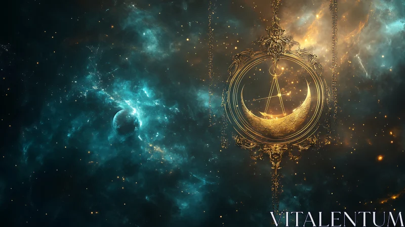 Ornate celestial astrolabe with crescent moon in nebula field.