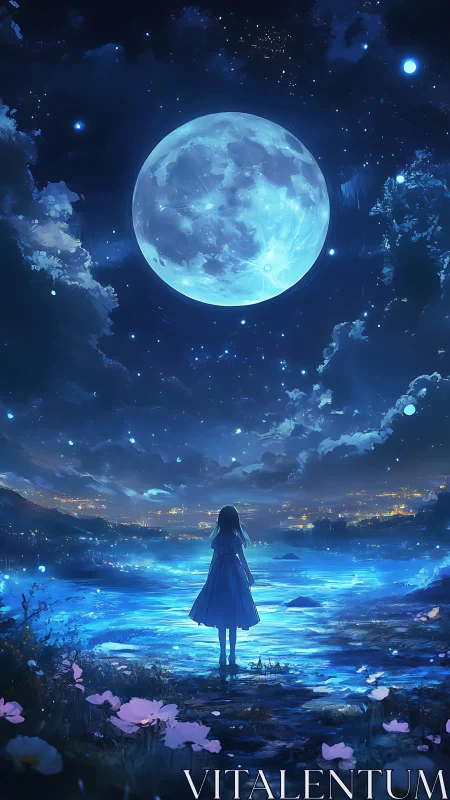 Moonlit girl gazes over glowing lake and distant city