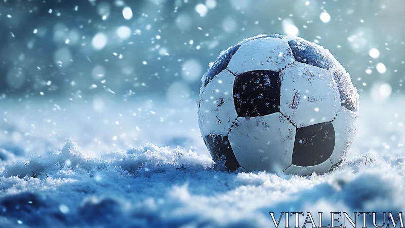 Snow-dusted soccer ball rests quietly on a winter field.