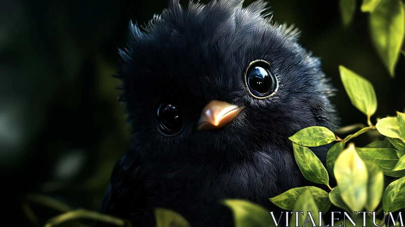 Adorable Fluffy Black Bird in Lush Foliage, Realistic Digital Art.