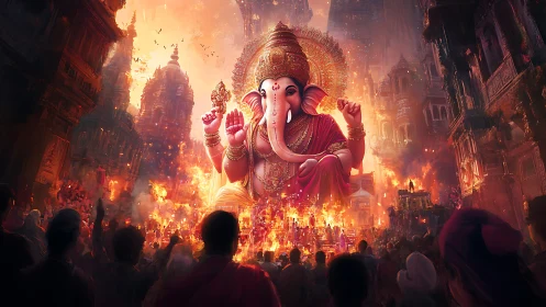 Colossal Ganesha deity dominates infernal ceremonial cityscape