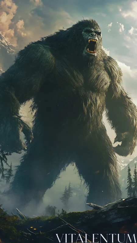 Colossal mountain ape roars over shattered forest valley.