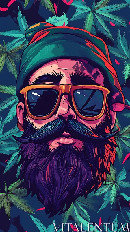 Pop art bearded portrait with stylized foliage patterning.