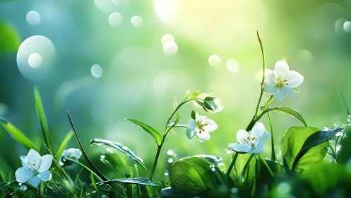 White Spring Flowers in Morning Dew.