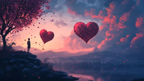 Figure Gazes at Floating Hearts Against Sunset Sky.
