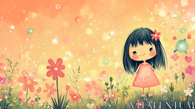 Smiling cartoon girl standing in bright flower field.