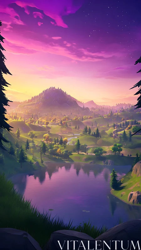 Digital valley landscape shows stylized lake under purple sky
