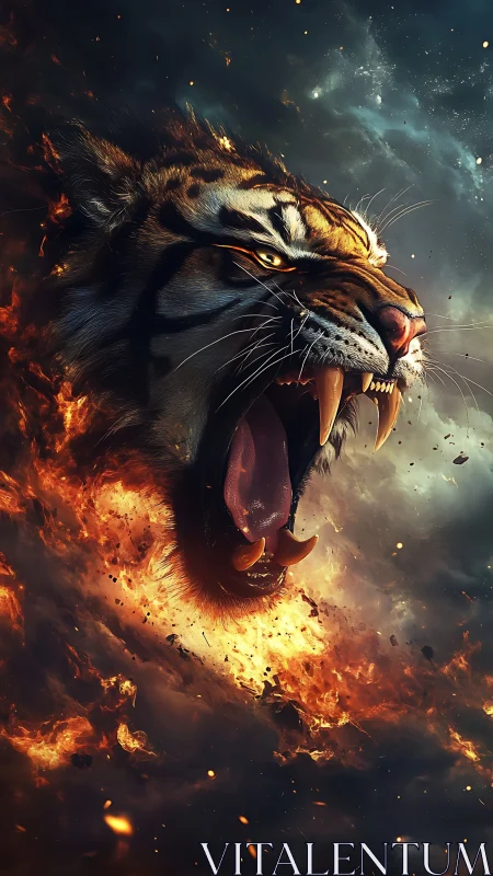 Roaring tiger head emerging from swirling fire and smoke.