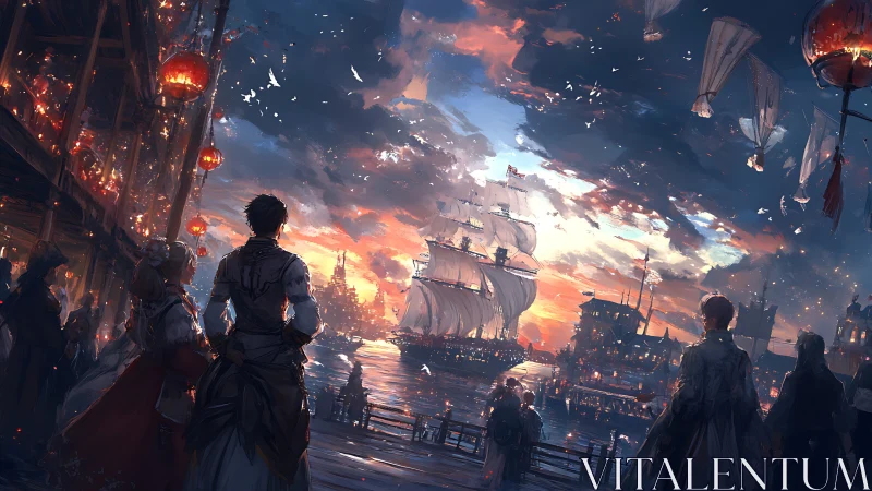 Grand sunset departure of a luminous fantasy harbor fleet