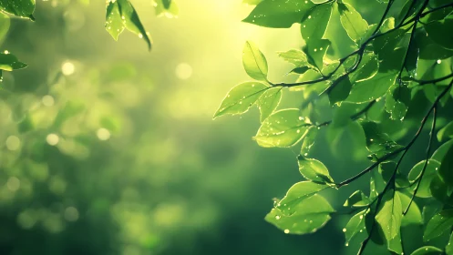 Morning dew orchestra on sunlit emerald garden leaves.