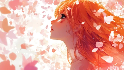 Soft spring gaze amid drifting petals and orange light.