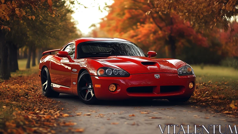 Red sports car stands bold on a quiet autumn forest road