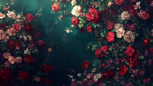 Floral arrangement with roses and foliage on teal background.