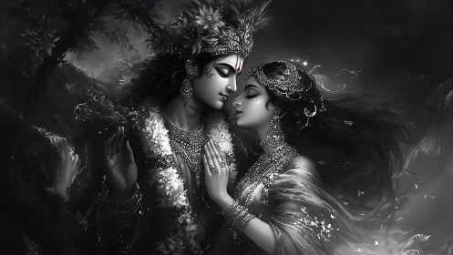 Divine Romance: Krishna and Radha in Ethereal Devotion.