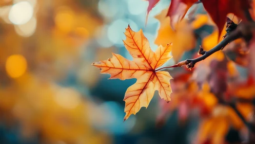 Single maple leaf in sharp focus against blurred foliage.