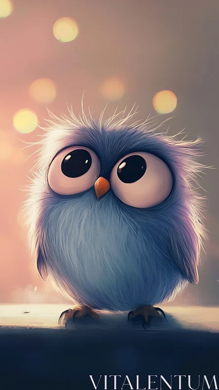 Digital illustration of fluffy blue owl with large eyes.