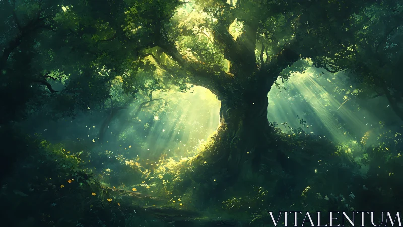 Luminescent Forest Canopy with Crepuscular Rays and Ancient Arboreal Structure.