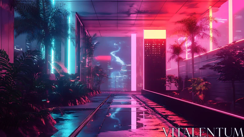 Neon corridor with wet floor and city skyline in distance