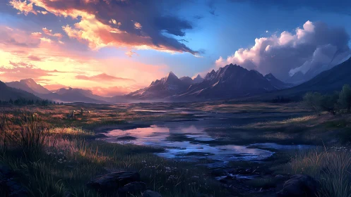 Mountain valley landscape shows reflective river at sunset