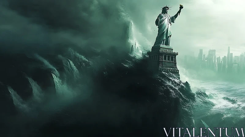 Statue of Liberty towers above apocalyptic storm surge.
