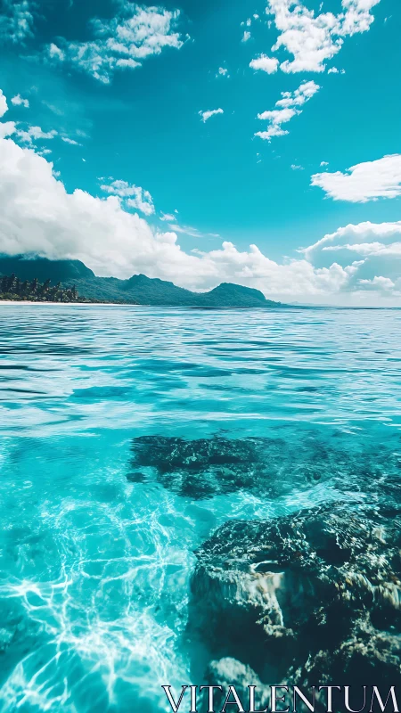 Turquoise coastal seascape with clear shallows and clouds.