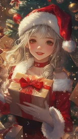 Festive anime girl holding ribboned gift before lit tree
