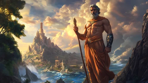 Mythic godlike figure overlooking grand seaside cityscape.