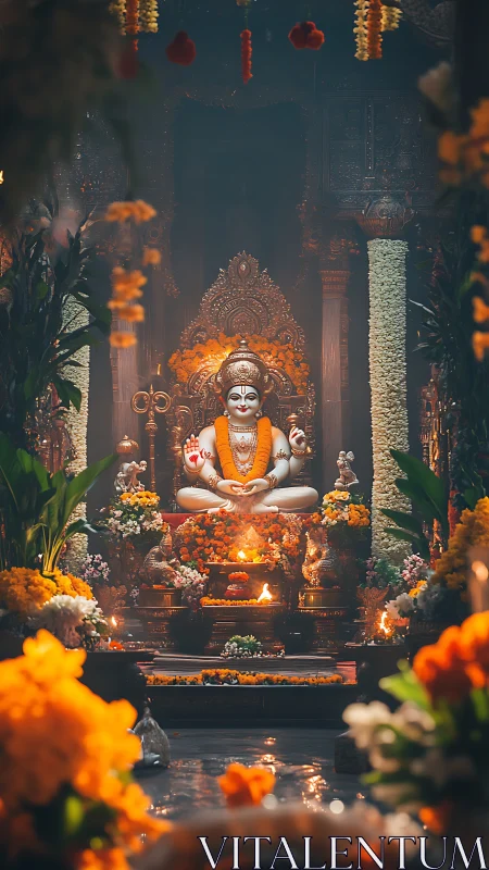 Marigold constellations orbit a serene temple deity in flame