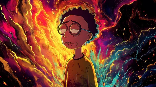 Cartoon figure before multicolored abstract energy field.