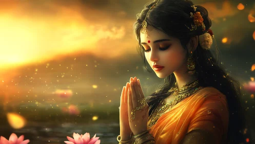 Digital portrait of woman in traditional attire at sunset.