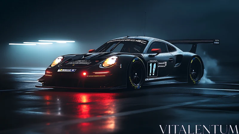 Sleek endurance race car glows on a wet night circuit.