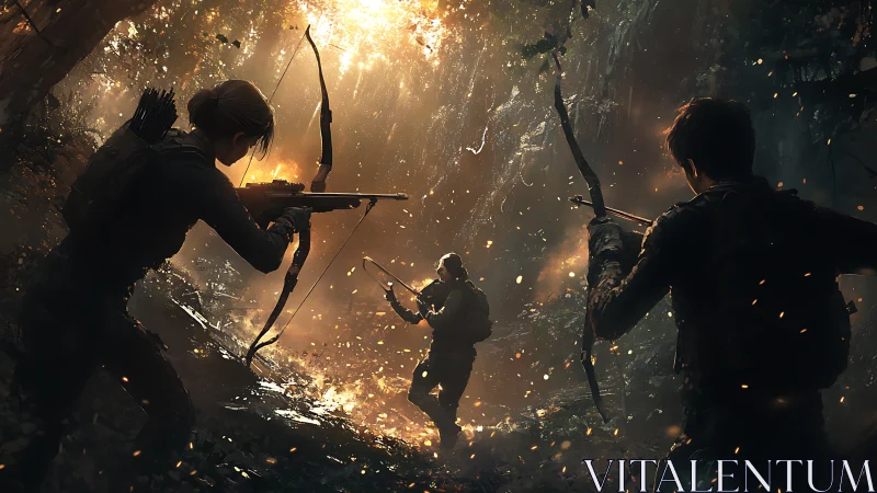 Stealth archers advancing through ember lit jungle dusk.