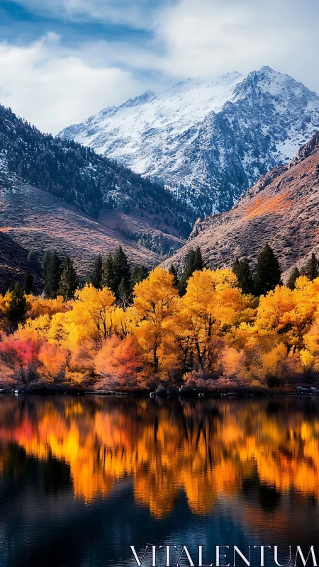Snowy mountain above bright autumn forest reflected lake.