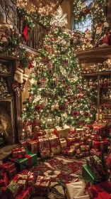 Christmas tree in ornate living room loaded with presents.