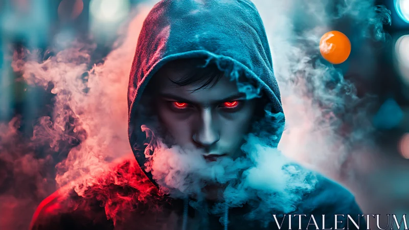 Mysterious hooded figure with glowing eyes in neon mist.