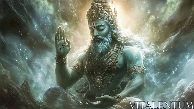 Celestial sage meditates amid swirling cosmic light