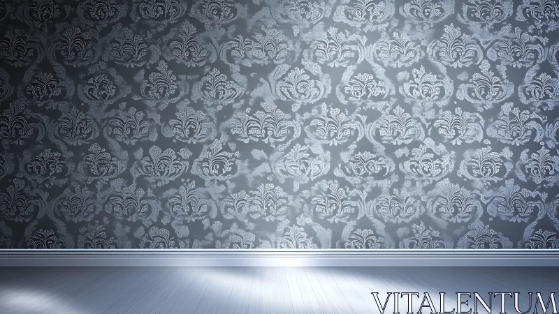 Silver damask whispers across a sunlit graphite wallscape.
