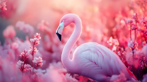 Dreamlit flamingo drifting through a cotton candy bloomscape.