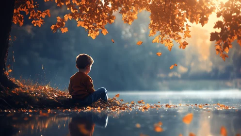 Child sits by an autumn lake in warm golden evening light