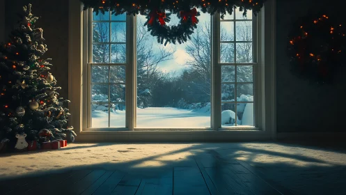 Snowy winter landscape framed by calm holiday decor.