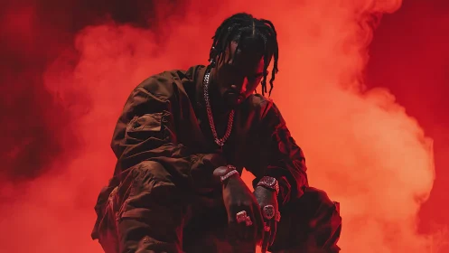 Rap artist crouching in red smoke with chains and rings.