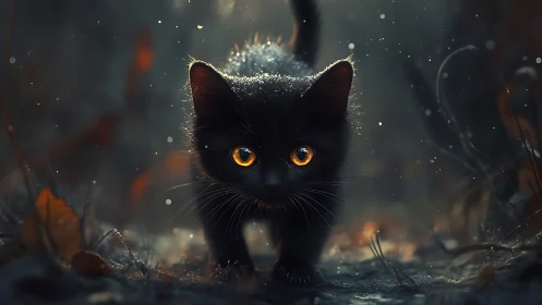 Enchanted Shadow: Black Cat with Luminous Eyes in Mystical Mist