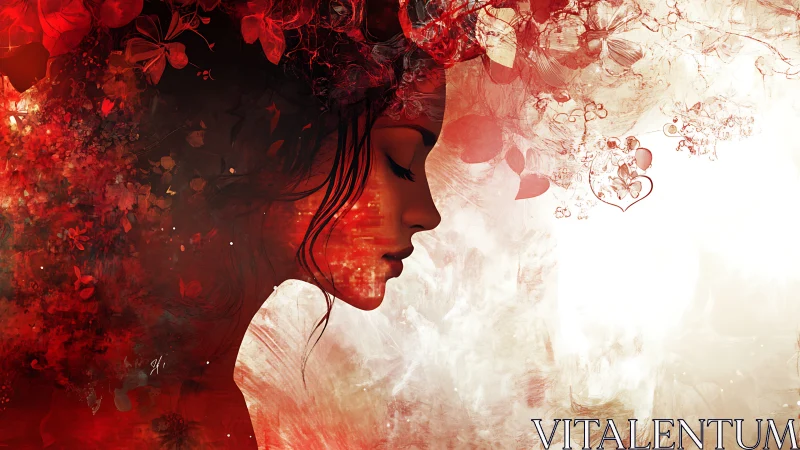 Profile portrait merges floral abstractions with crimson light