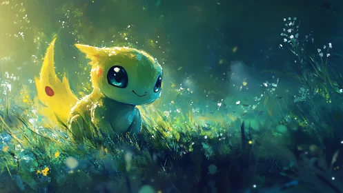 Glowtail meadow sprite resting in a hush of painted light.