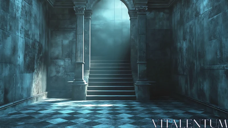 Moody stone staircase ascends toward a cold spectral light